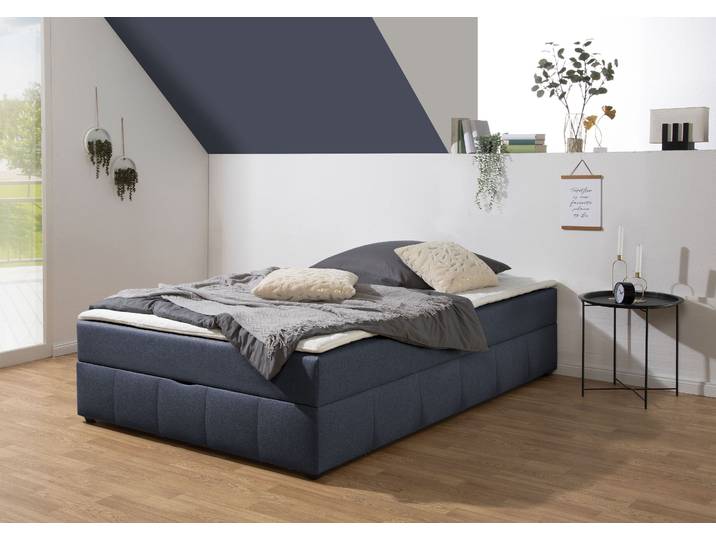 Boxbett, Denim, Blau, 144×224 cm, Mit Stauraum & Topper, Modern, Home-affaire