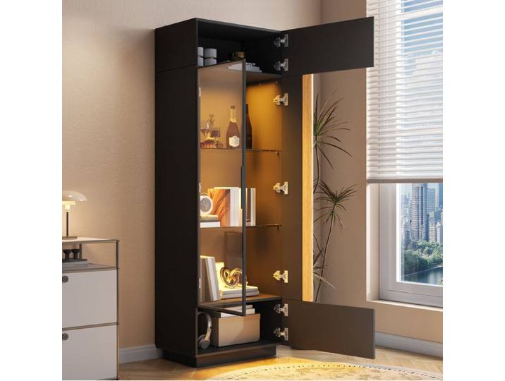 ULEVR Vitrine haute noire 60 x 40 x 180 cm porte vitrée cadre aluminium et éclairage LED contrôlé par application