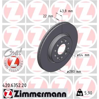 ZIMMERMANN Bremsscheibe 420.6352.20 Vorderachse belüftet 280mm 22mm für MG