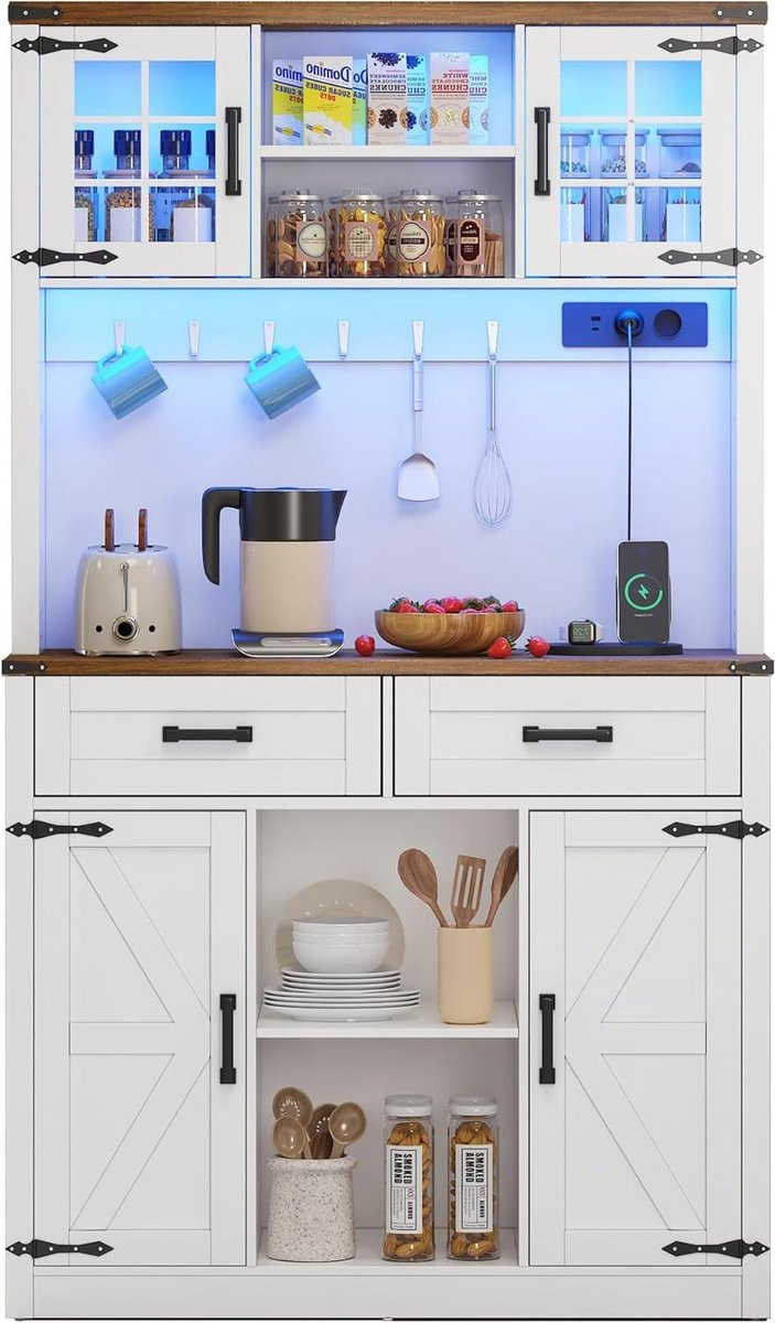 Witte Keuken Hoge Kast met Geïntegreerde Ledverlichting en Buffet Dressoir, B/D/H: 100 x 40 x 172 cm