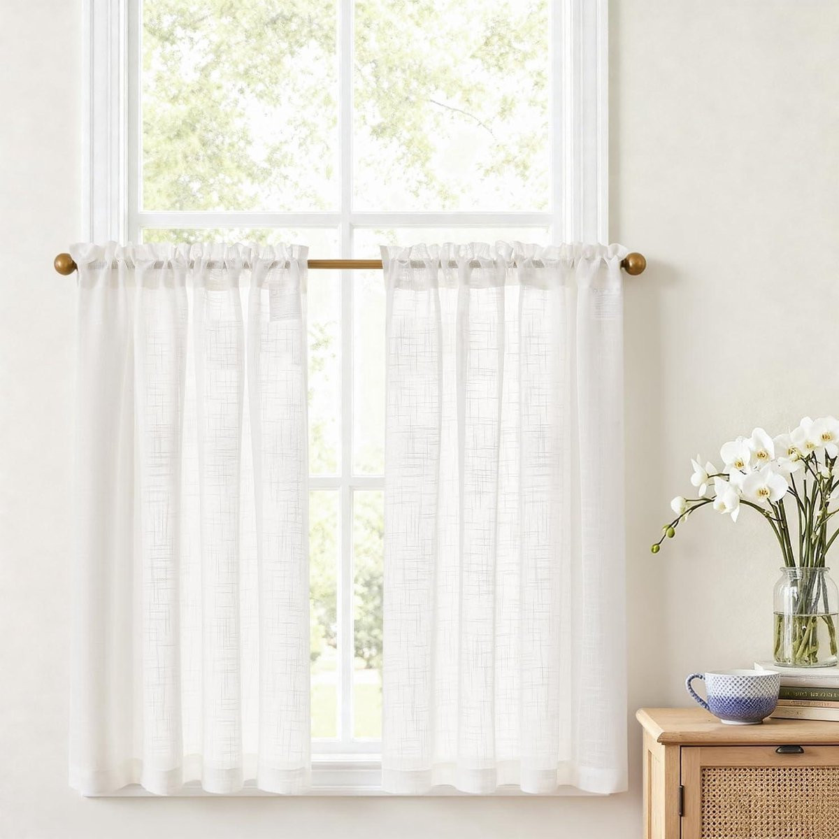 Vitrage Keukengordijn Wit met Linnenlook Textuur - 2x 90x90 cm