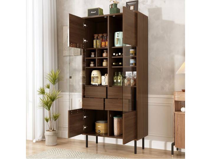 Vitrine Armoire VIVRYN Effet Noyer Façade En Verre Tiroirs Dissimulés Pieds Métal MDF Couleur Bois 75.5 x 35 x 164.5 cm