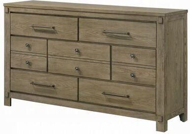 Benjara Cera Wide Dresser, 7 Drawers, Bronze Handles, Antique White Oak Tone Wood