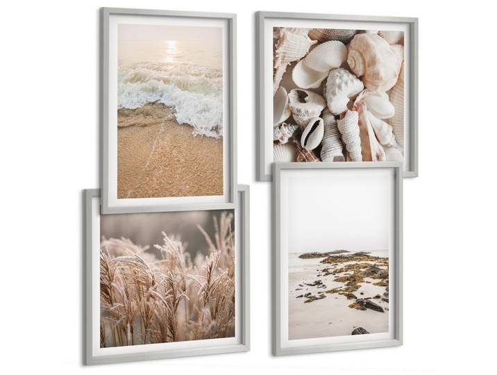 BILDER SET 4er Set - 50x50 cm & 40x60 cm Silberner Rahmen - Strandgras, Wellen, Steine, Boho-Stil