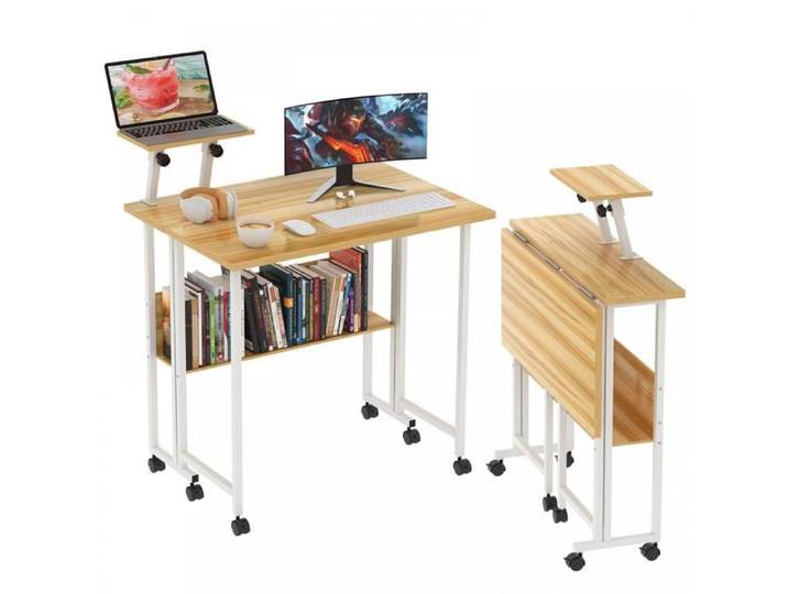 VIVOLILV Bureau d'ordinateur Pliable avec Roulette - 80x58x75cm - Bureau avec Rangement Support Amovible de Surélévation Chêne