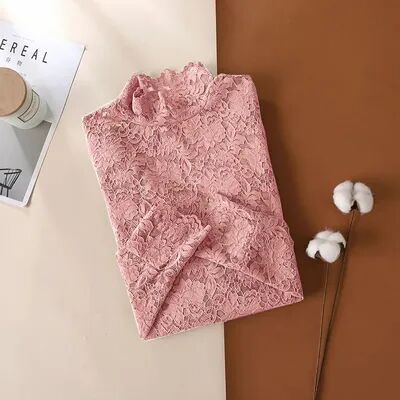 Fashion Sheath Elegant High Neck Sheer Lace Blouse Vintage Long Sleeve Crochet Top For Women pink xxl