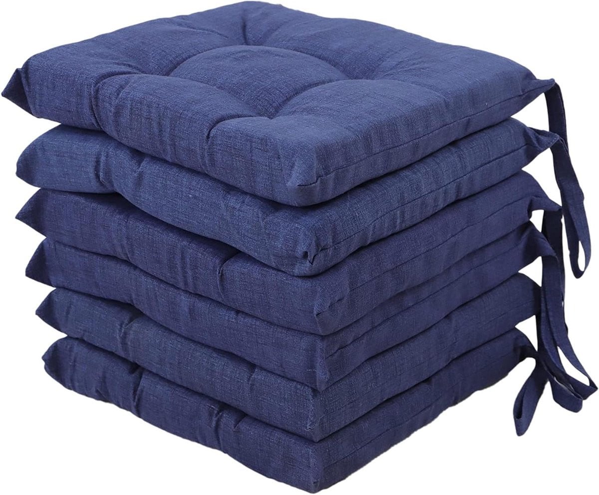 Set van 6 blauwe vierkante stoelkussens van vlekbestendig katoen