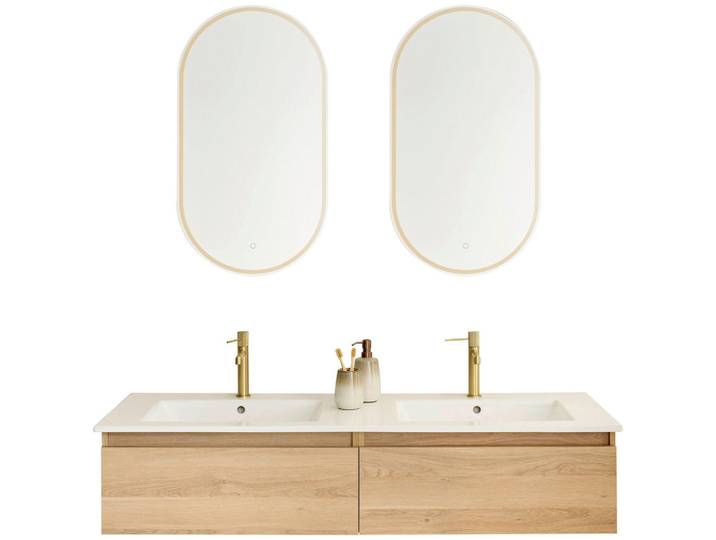 Schöner Wohnen Badezimmer, Eiche Bianco, Holzwerkstoff, 2 Schublade(n),2 Schublade(n) Schubladen, F, 142 cm, Goldenes M, Made in Germany, hängend, Zusatzausstattung erhältlich, erweiterbar, Typenvielfalt, Badezimmer, Badmöbelsets & -serien, Badmöbelset