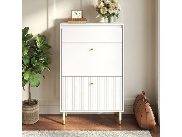 Meuble à Chaussures - 65x24x104cm - Meuble Chaussures Slim 2 Portes Abattantes et 1 Tiroir Rangement - Blanc
