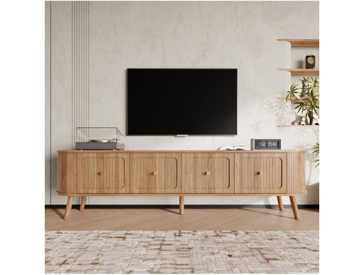 MEULVA Meuble TV vintage 180 cm 4 portes effet chêne poignées dorées pieds en bois
