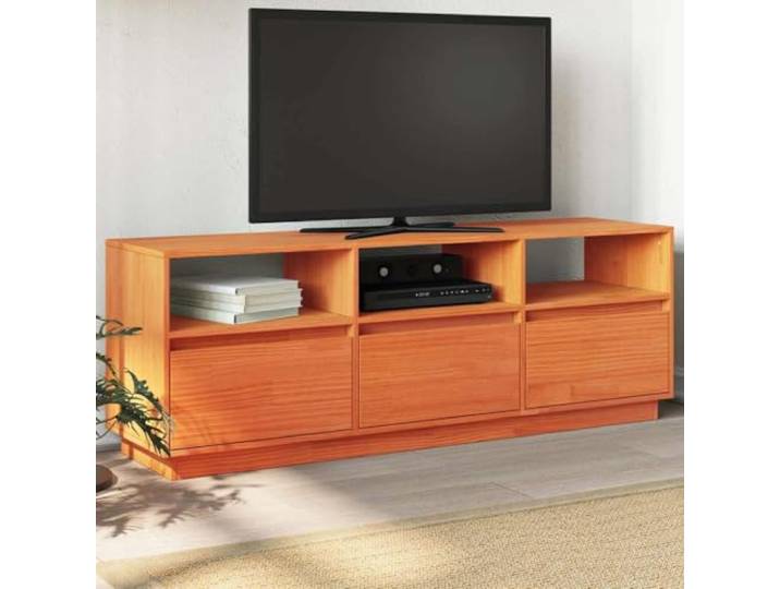HEFZGDB TV-Schrank aus Kiefern-Massivholz 140x37x50 cm in Wachsbraun mit 3 Fächern und 3 Schubladen, Stauraum Lowboard für Wohnzimmer, Robustes TV-Möbel, Aufbewahrungsidee