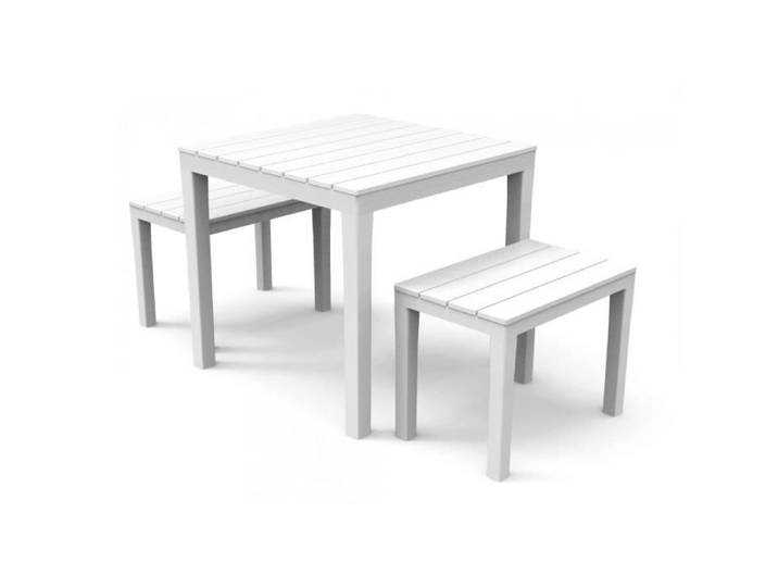 Dmora - Set salon d'extérieur Moncalieri Ensemble de jardin avec 1 table carrée et 2 bancs Blanc