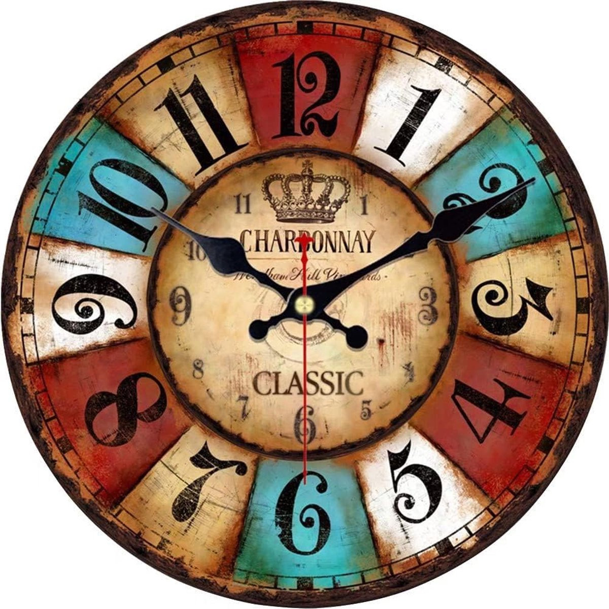 SnelShoppen Vintage Houten Wandklok - Ronde Rustieke Analoge Wandklok zonder Tikken - Diameter: 30 cm