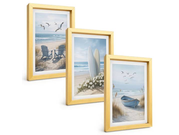 Tulup Bilder SET 3er Set - 20x30 cm Goldrahmen - Strand Surfbretter Vögel, Goldfarben, Kunststoff, Rechteckig, 20x30 cm, gerahmt, Bilder & Rahmen, Bilder