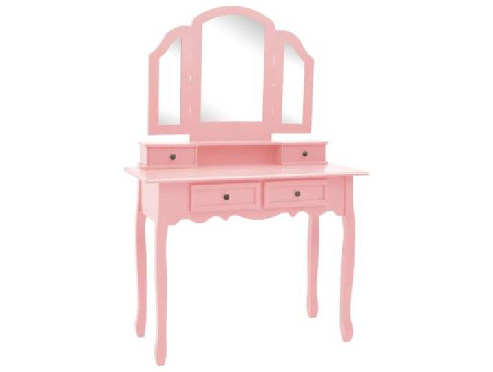 Schminktisch und Hocker, Rosa, 100 x 40 x 146 cm, Holz Paulownia Viktorianischer Stil, klappbarer 3-in-1-Spiegel, 4 Schubladen, Paulownia-Holz, separate Verwendung, Boudoir, Garderobe