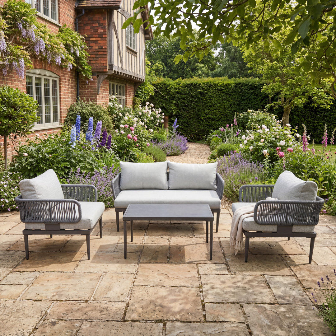 Lark Manor Soveria Outdoor Conversation Set - 2 Seat Sofa, 2 x Chairs + Table Grey 4