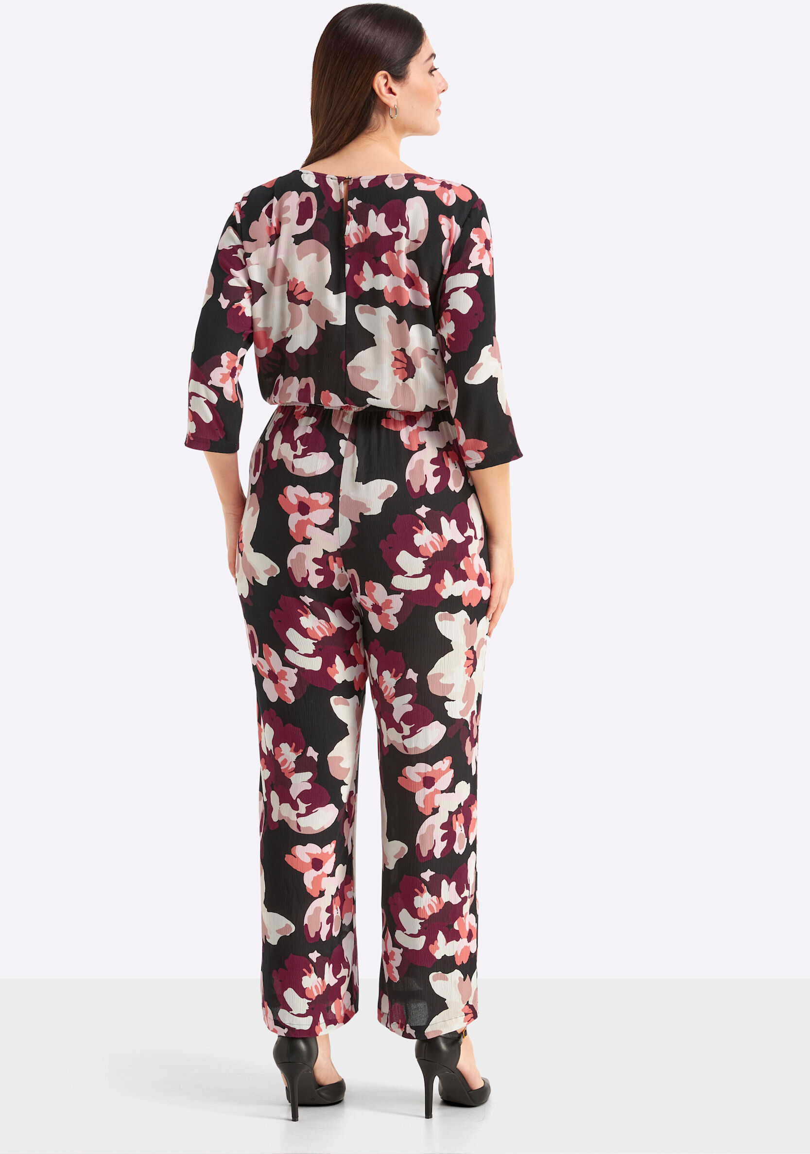 Jumpsuit SHEEGO "Jumpsuit Jumpsuit mit Blumenprint", Damen, Gr. 52, N-Gr, schwarz, koralle, bedruckt, Elegant, gerade, V-Ausschnitt, Overalls Jumpsuit