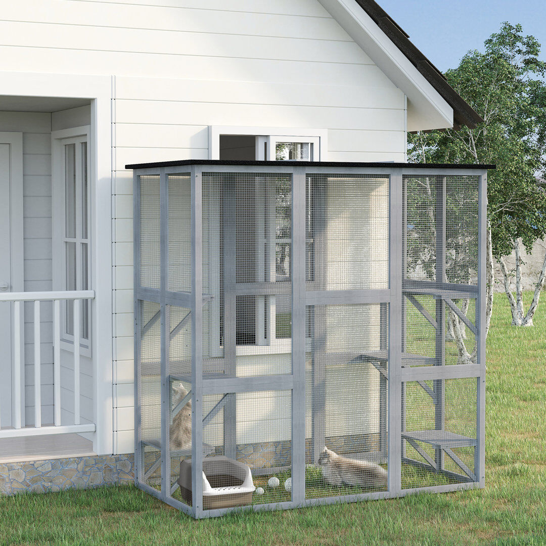 PawHut Wooden Cat House with Platforms Cat Cage for Multiple Kittens Gray 180cm H X 98cm W X 180cm L