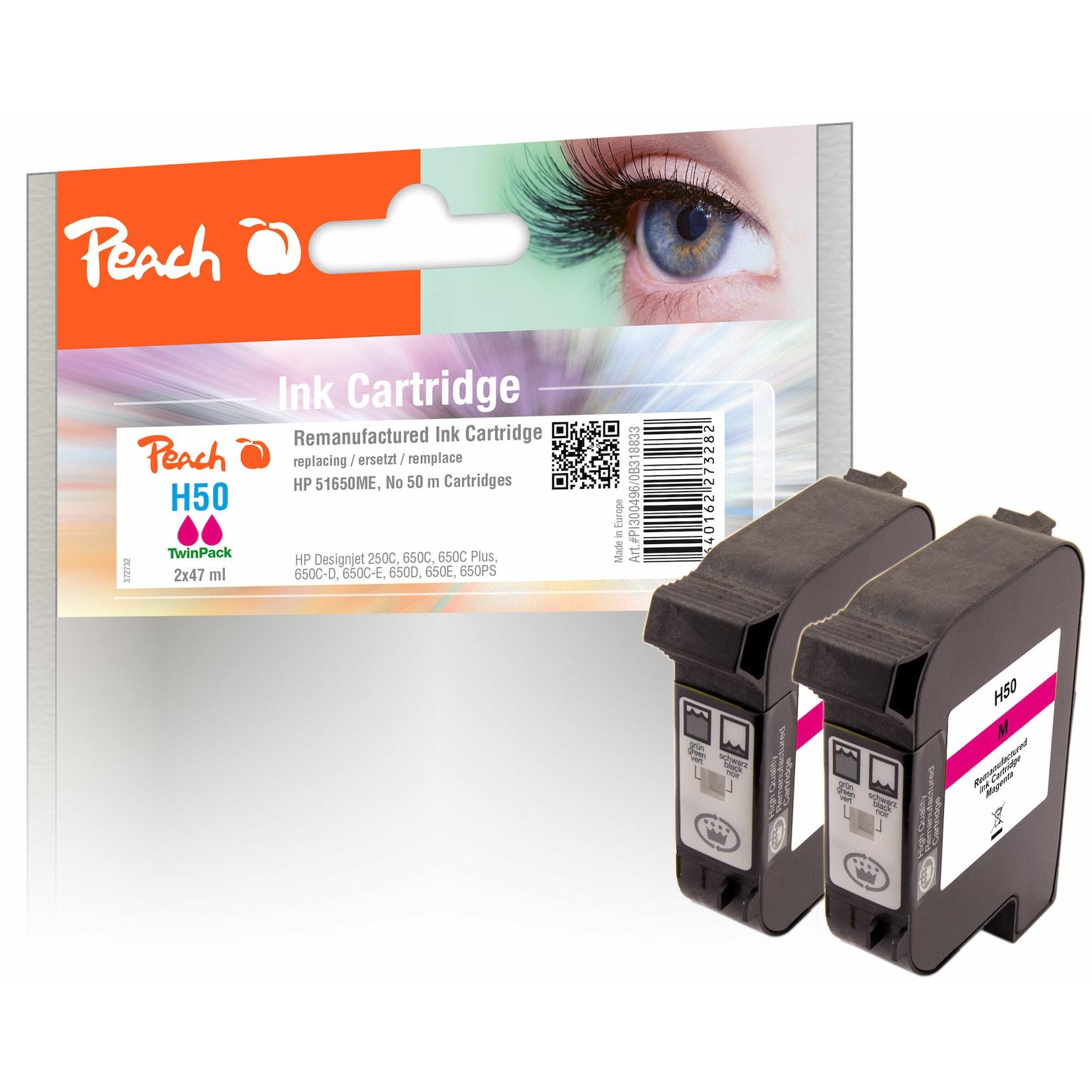 Peach HP 50 m 2 Druckköpfe 2*ma ersetzt HP No. 50 m*2, 51650ME*2 für z.B. HP DesignJet 250 C, HP DesignJet 650 C, HP DesignJet 650 C Plus (wiederaufbereitet)
