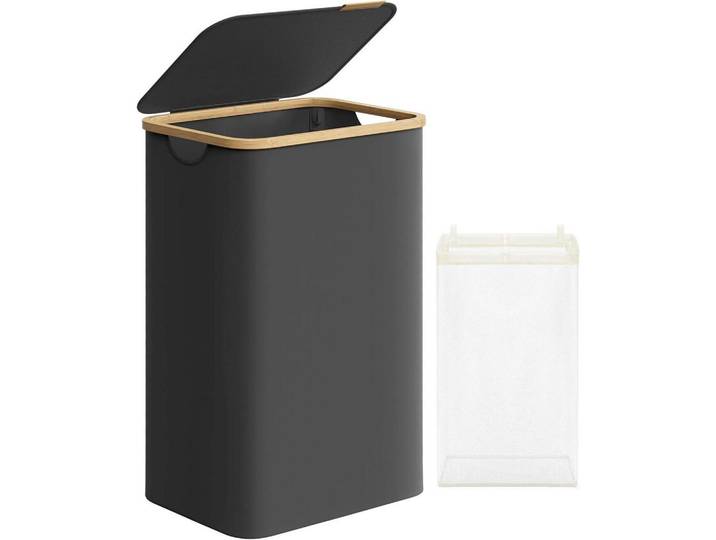 Wäschekorb, Schwarz, Naturmaterialien, 90 l, rechteckig, 42x70.5x32 cm, Tragegriffe, Deckel, Haushalt & Reinigung, Wäschepflege, Wäschekörbe & Wäschetonnen