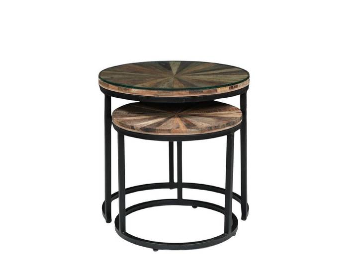 baario Couchtisch Couchtisch MERID mit Glasplatte, Altholz recycelt rund massiv Industrial