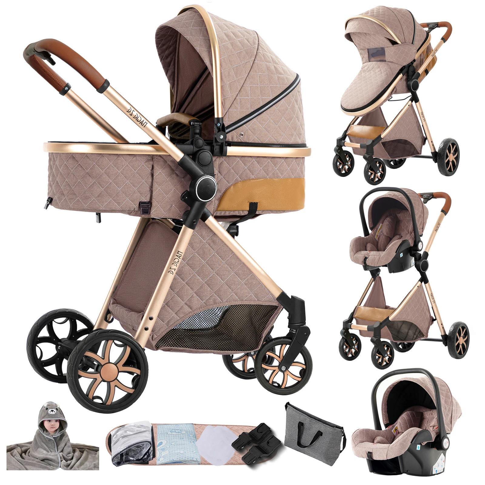 3-in-1-Kinderwagen - Kombikinderwagen mit Babywanne und Babyschale - Neugeborene bis 3 Jahre - Umkehrbarer Sitz - Faltbar - Stoßdämpfung - Bis 20 kg - Khaki