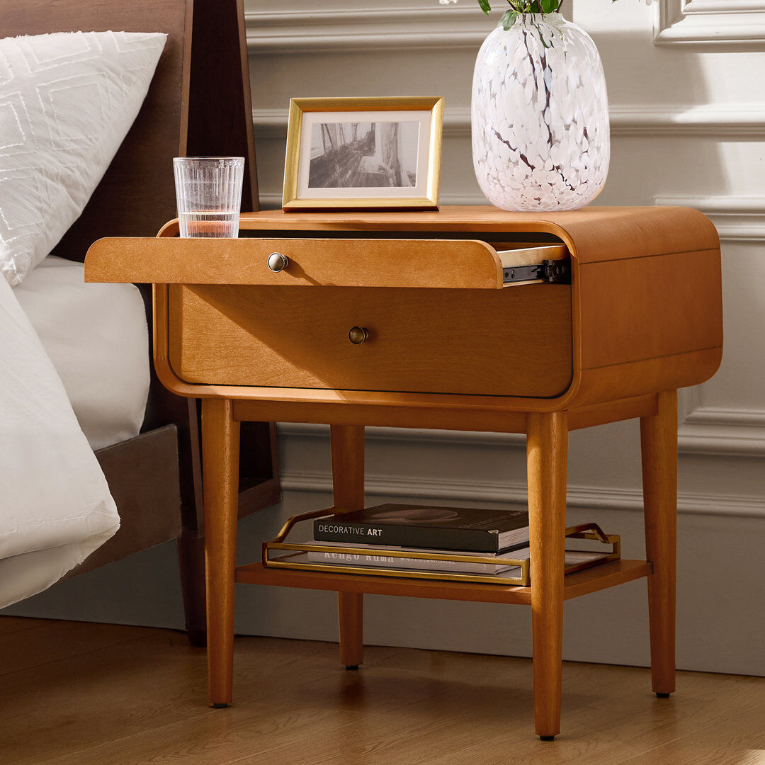 Rosalind Wheeler Elzena Mid-Century Modern 2-Drawer Solid Wood Veneer With Built-In Charging End Table Acorn 61.47cm H X 60.96cm W X 40.01cm D