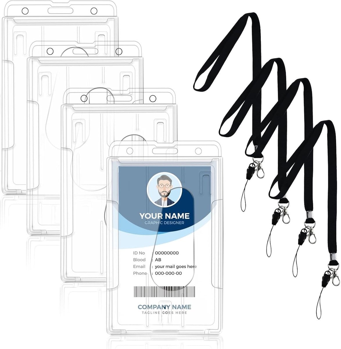 ID Kaart Houder met Strap, Transparante Badgehouder met 4 Hard Plastic Kaartsleeves voor ID en Transportkaarten (Verticaal)
