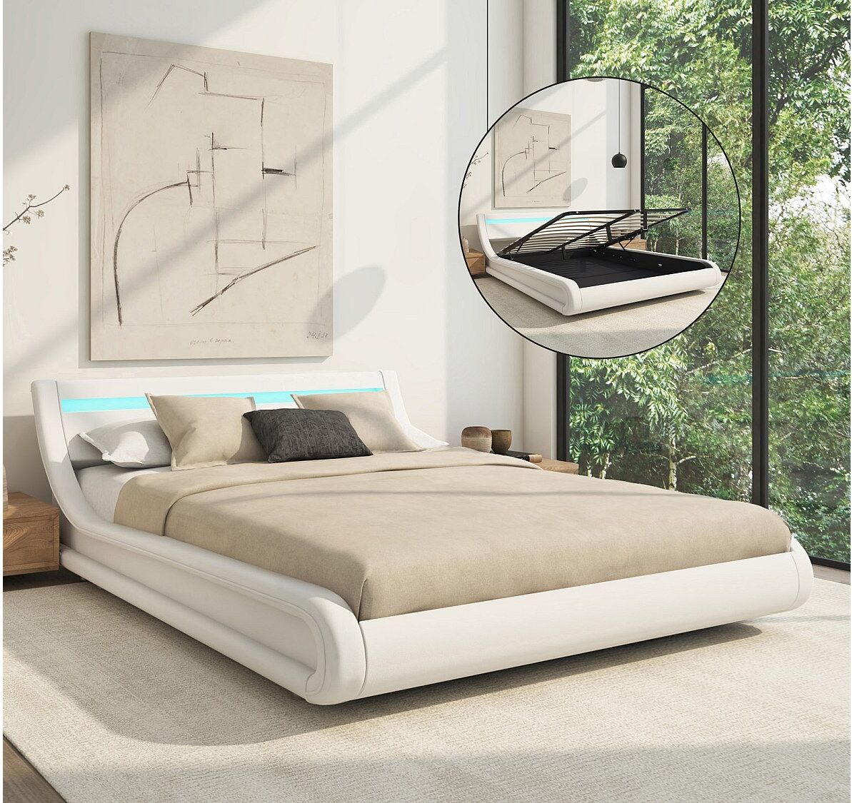 MB Muebles Bonitos Cama de matrimonio con canapé 150x190cm en Blanco con LED Parisina