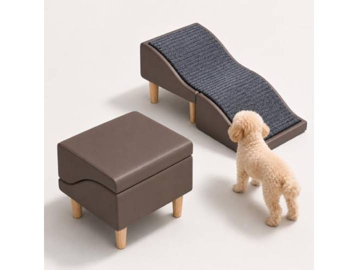 Hunderampe, Haustiertreppe, Klappbarer 2-in-1-Hocker, 80 cm 32°-Wellenneigung, abnehmbare Filzmatte und Holzrahmen für sicheren Alltag(Brown)