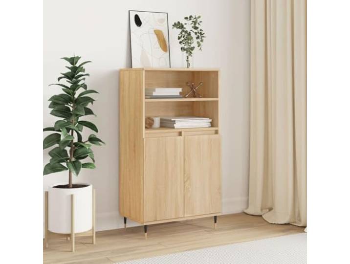 RJPLMFV Anrichte oben Eiche Sonoma 110 cm Holz Technik 6 Fächer, staubdichte Türen, Metallfüße, Wandbefestigung inklusive