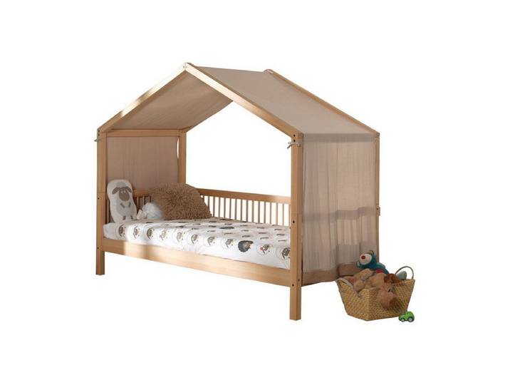 58 aufm Kessel Kinderbett Hausbett Kelci 90x200 mit Textilhimmel + Umrandung Buche massiv natur (inkl. Versand, Lieferung bis Verwendungsstelle), Gemütliches Hausbett mit dekorativem Himmel