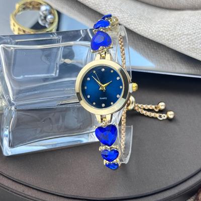 Youfap Market Mixed Scale Simple Light Luxury Ladies Quartz Watch, Three Heart Shaped Diamond Encrusted Bracelet, Round Alloy Case blue