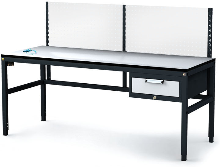 Alfa 3 Antistatische ESD-Werkbank mit Lochplatte, 1 Werkzeugkasten mit Schubladen, 1800x800x745-985 mm