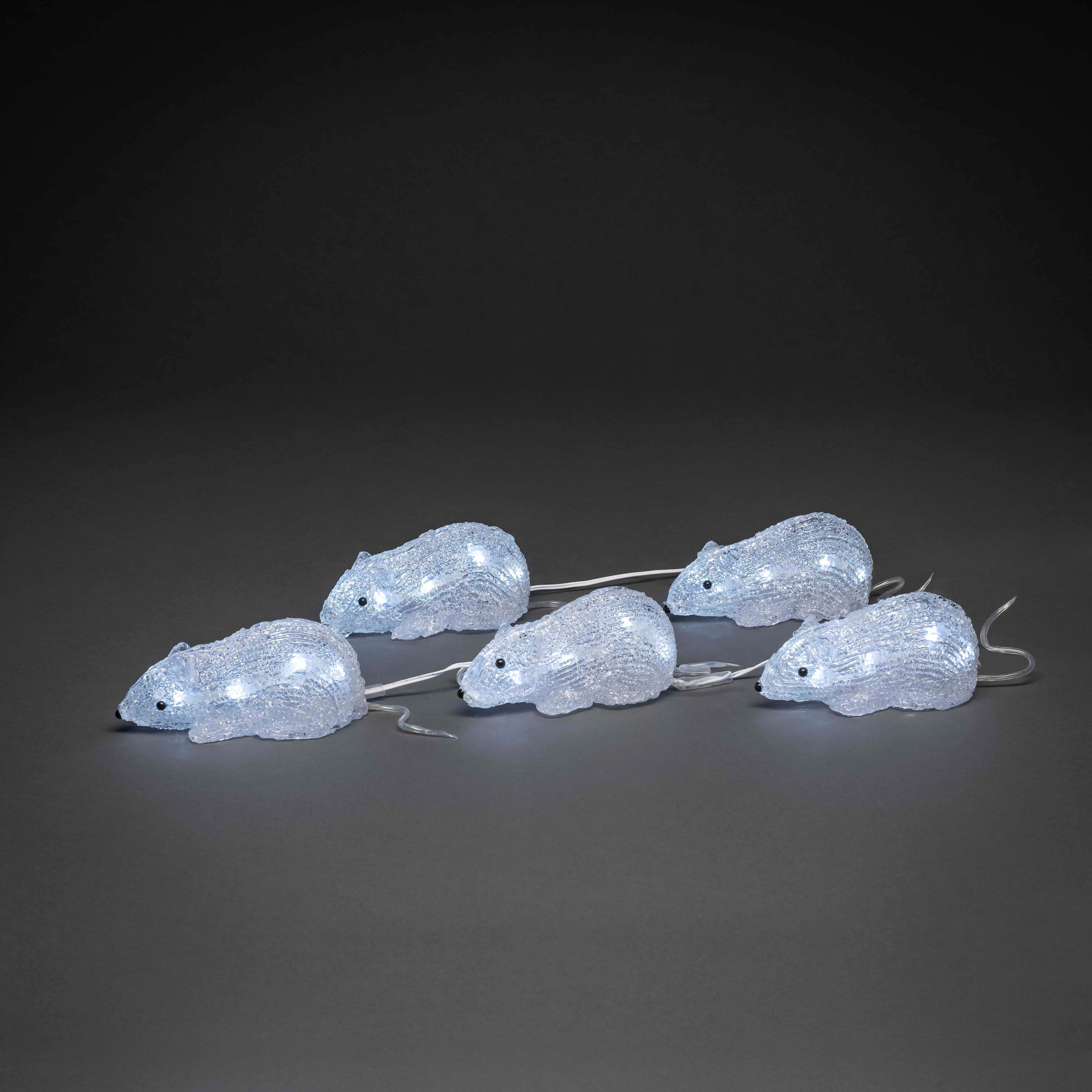 Weihnachtsfigur KONSTSMIDE, transparent, B:13,5cm, Dekofiguren, Weihnachtsfigur, LED Acryl Mäuse, 5er-Set, 40 kalt weiße Dioden