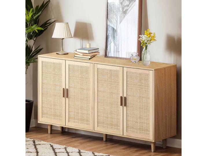 Buffet en rotin, 150 × 40 × 88 cm, quatre portes, étagères réglables, salon, chambre, vintage