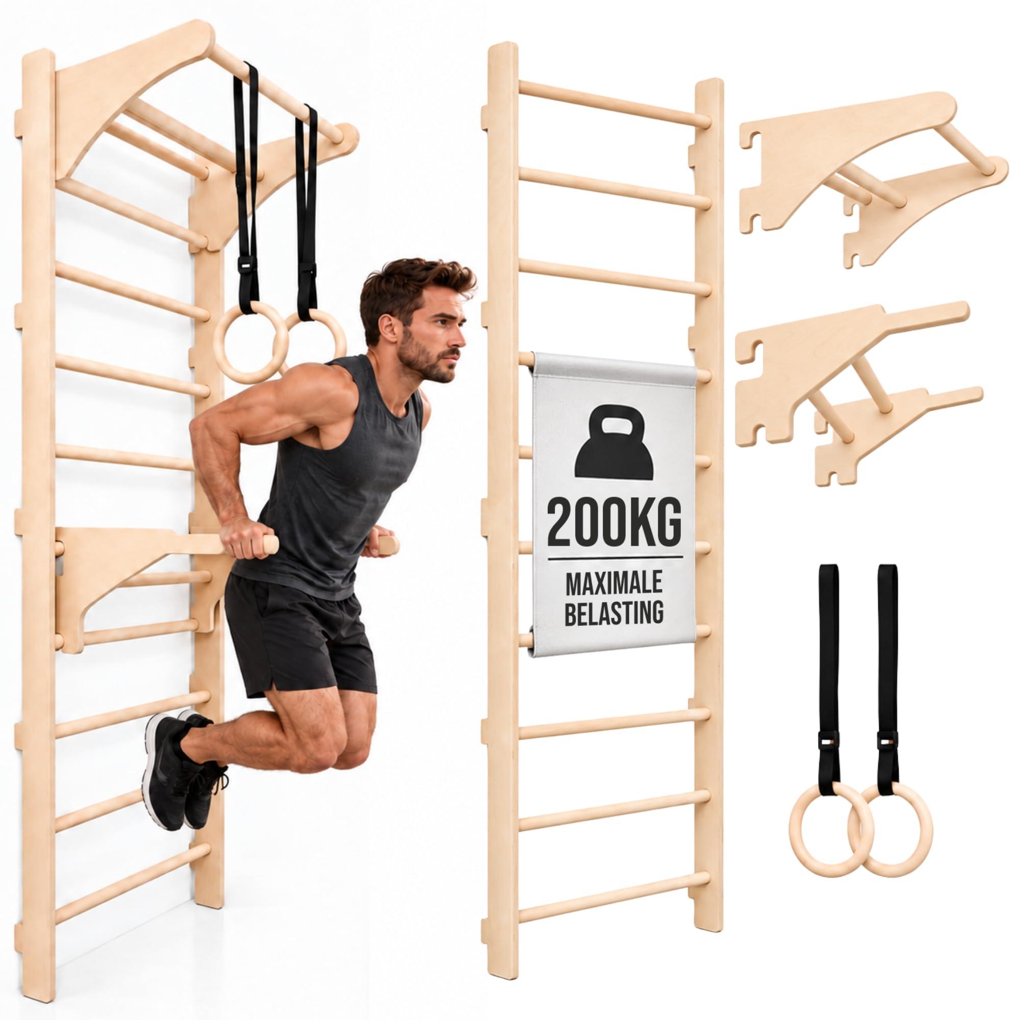 Wandturngerät Klimmzugstange Dipstange Holzringe - Höhenverstellbar - Kompakt - Für Zuhause