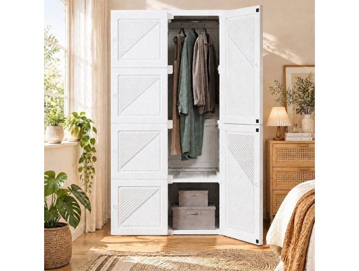 Armoire de Chambre Blanche 136 cm 6 Porte et 5 Compartiment 1 Portant à vêtements Penderie Armoire de Rangement