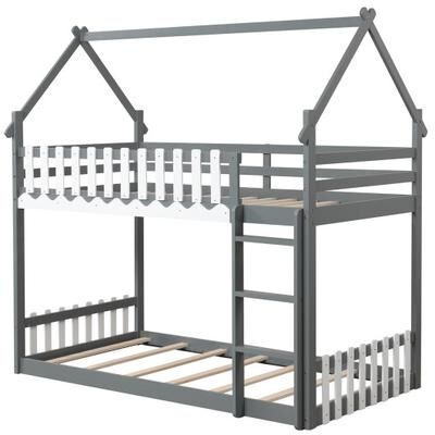 Costway Twin Over Twin Bunk Bed with Fence and Ladder for Kids-Gray