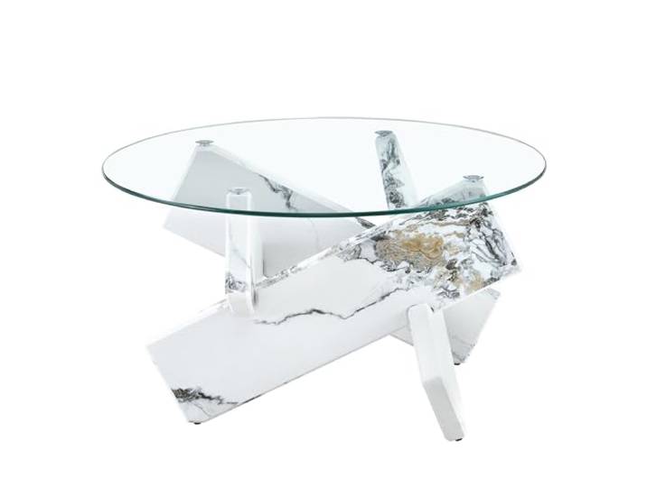 Runder Couchtisch 79cm MDF‑Glas, Kreuzgestell Imitat‑Marmor, für Wohnzimmer