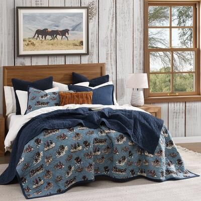 Paseo Road by HiEnd Accents Tasha Polizzi Settler Blue Western Print and Solid Chambray Back 3 Piece Reversible Quilt with Pillow Shams