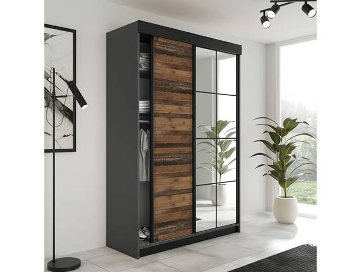 KIER FURNITURE Schiebegarderobe LAMARO mit Spiegel - Schrank Schlafzimmer - Schlafzimmerschrank - Wardrobe Bedroom - Kleiderschränke - Kleiderschrank - 138x205x59 - Graphit & Old Style