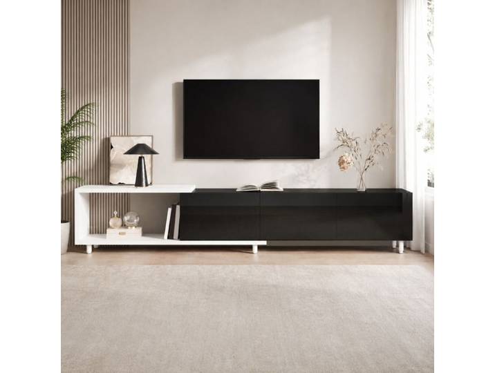 Ulsam Meuble TV Extensible 258 x 38 x 48.5 cm avec 3 Portes Brillantes Niche Ouverte Pieds en Métal Blanc et Noir