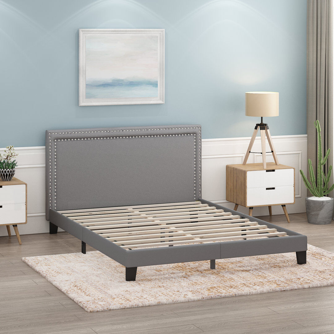 17 Stories Alpern Upholstered Double Row Nail Head Bed Frame Grey Kingsize (5")