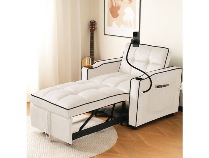 Fauteuil convertible 3 en 1 en velours beige avec porte-gobelets