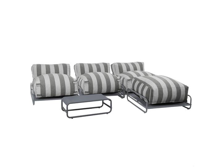 Modulare Gartenmöbel, gestreift für 4 Personen mit Gestell, 3 Sesseln, 1 Pouf und Couchtisch