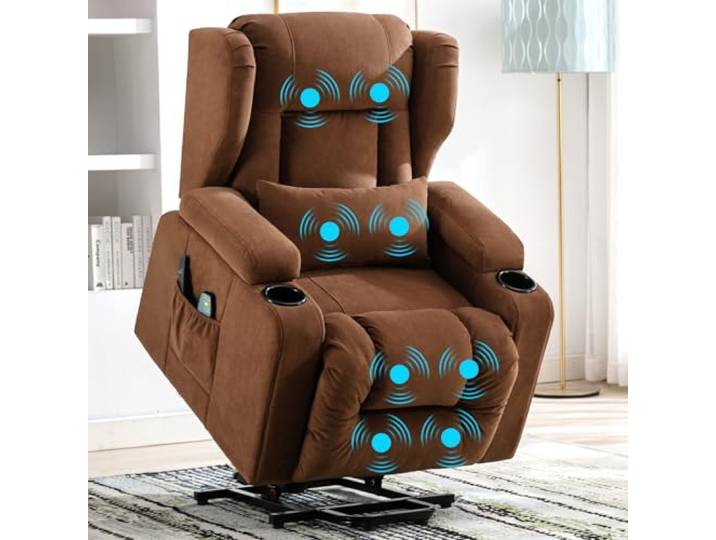 COMHOMA Elektrischer Relaxsessel, Wohnzimmer, Massage TV Neigungsfunktion, Vibrationen, Verstellbare Rückenlehne mit Fußstütze und Getränkehalter, Stoff, Braun