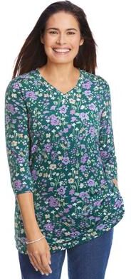 Plus Size Women's Perfect Printed Three-Quarter Sleeve V-Neck Tee by Woman Within in Emerald Green Field Floral (Size 38/40) Shirt