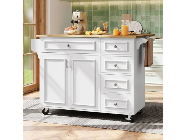 Îlot de cuisine 110 cm blanc - Buffet roulant vintage amovible avec rangement intégré multifonction table chariot