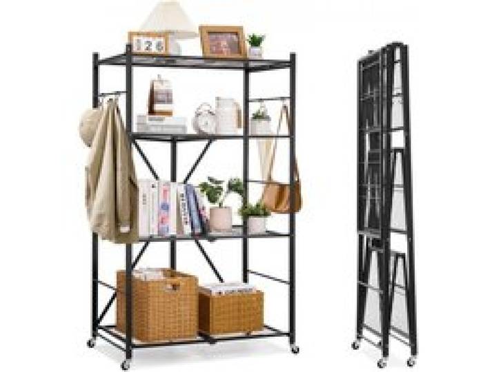 VEVOR 4 Etagen, Klappbare Regale mit Rädern, 53x91x152 cm, Faltbares Schwerlastregal, montagefreies Standregal, Haushaltsregal, Küchenregal, Metallregal für Garage, Küche, Keller, schwarz